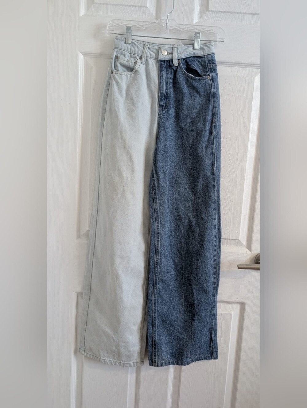 Two-Tone Wide Leg Cotton Jeans High Rise Colorblock Split Leg Asymmetric -  24